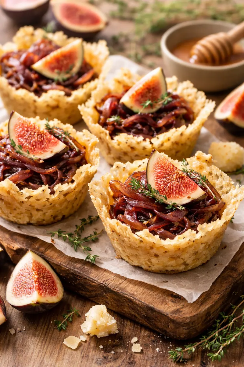 Parmigiano Reggiano Körbchen mit karamellisierten Zwiebeln und Feigen